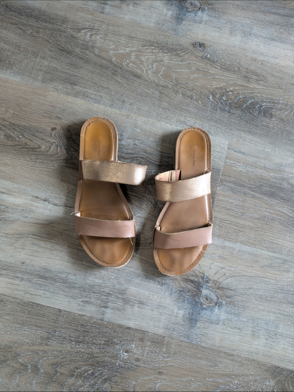 Time and Tru Rose Gold and Tan Double-Strap Slide Sandals